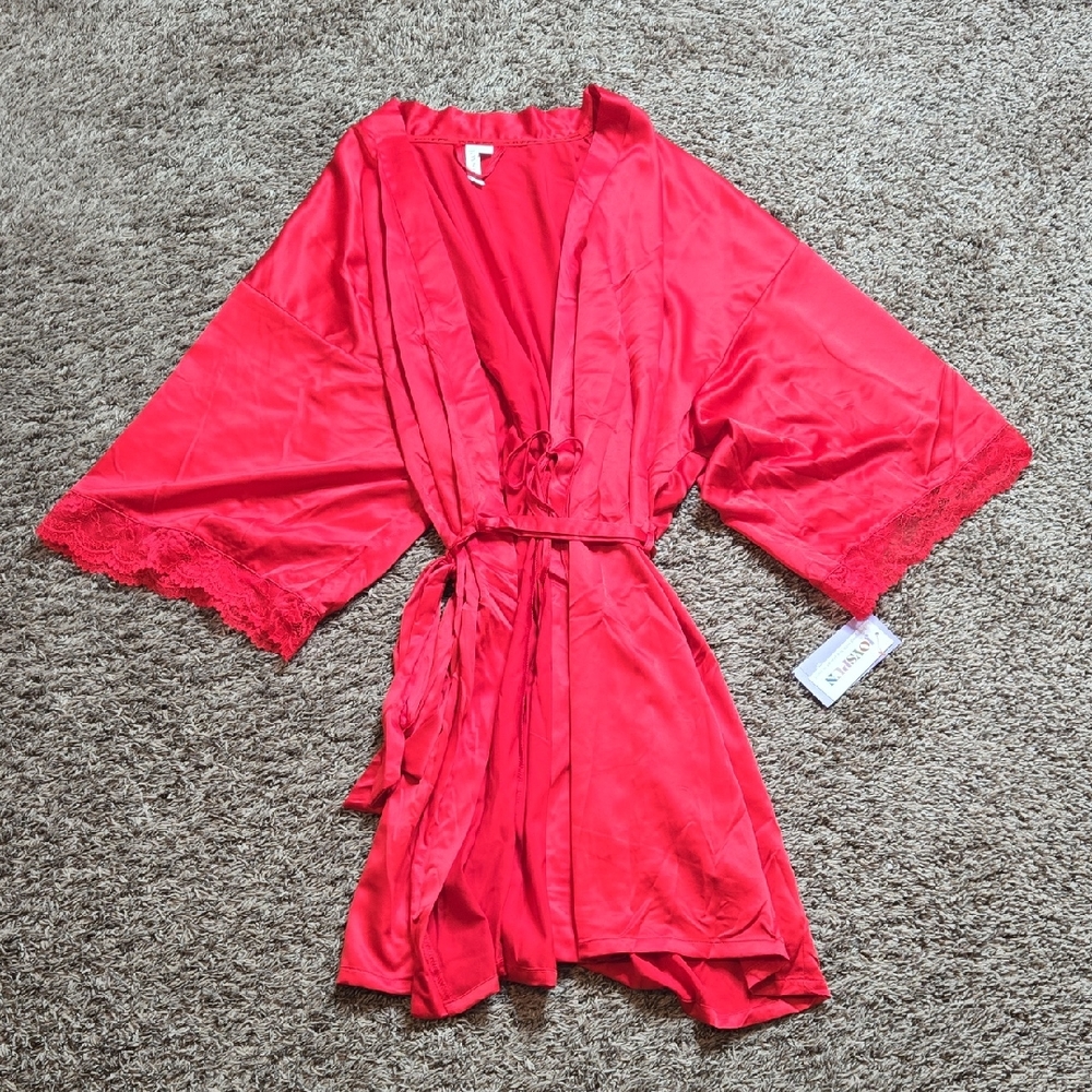 Joyspun 2X 18W - 20W Plus Size Power Red Satin Rose Robe